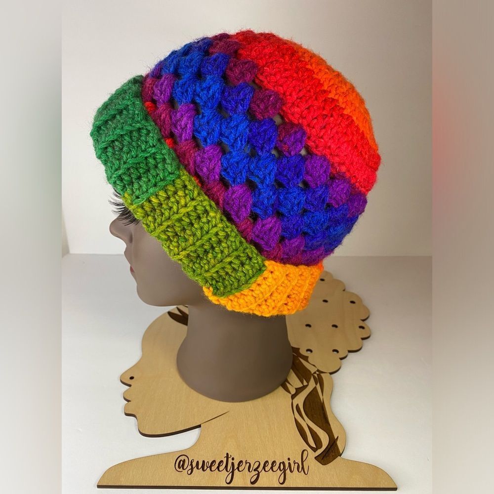Favorite Rainbow stripe Handmade Crochet Acrylic Granny Stripe Stitch Beanie OS - Picture 7 of 10